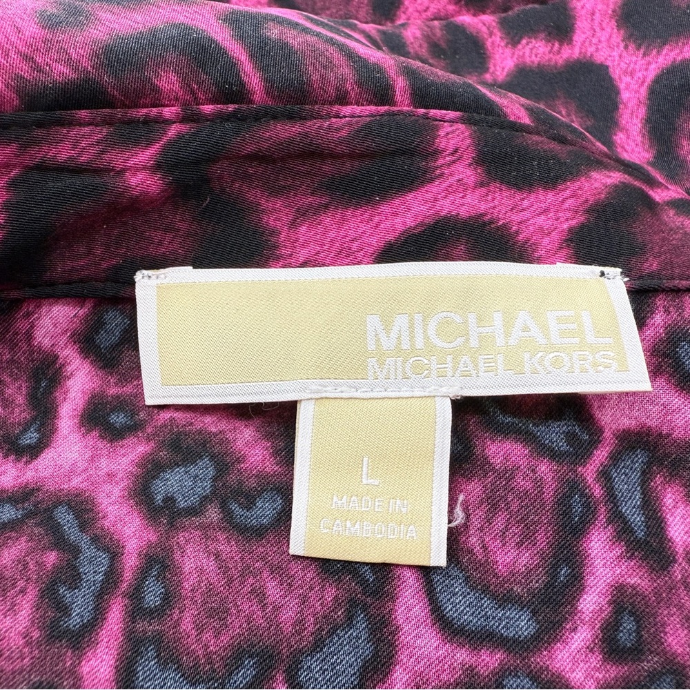 Michael Kors Women Top Shirt Magenta Black Leopard/Animal Print Button Up Size L - Picture 7 of 8